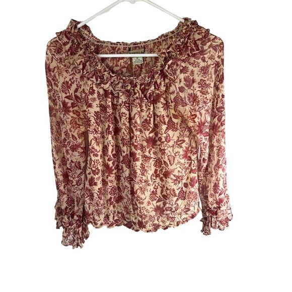 Capucine Tops - Capucine Women's Floral Print Silk Blouse Size M Multicolor Ruffle Trim